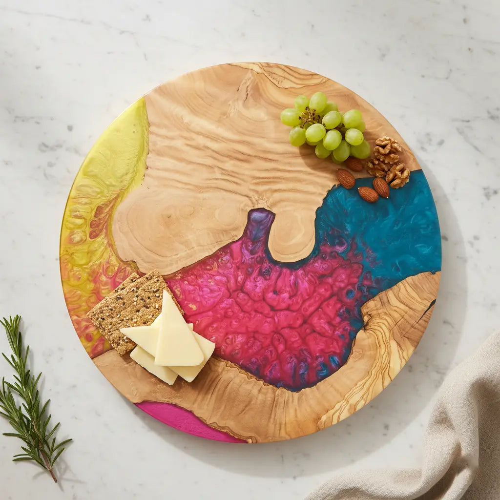Sunset Coral – Handmade Olive Wood & Epoxy Resin Round Serving Board KitchenResinArt